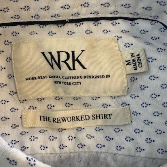 W.R.K. Short Sleeve Button Down White with Small Blue Print Shirt in Size Medium - Picture 2 of 6